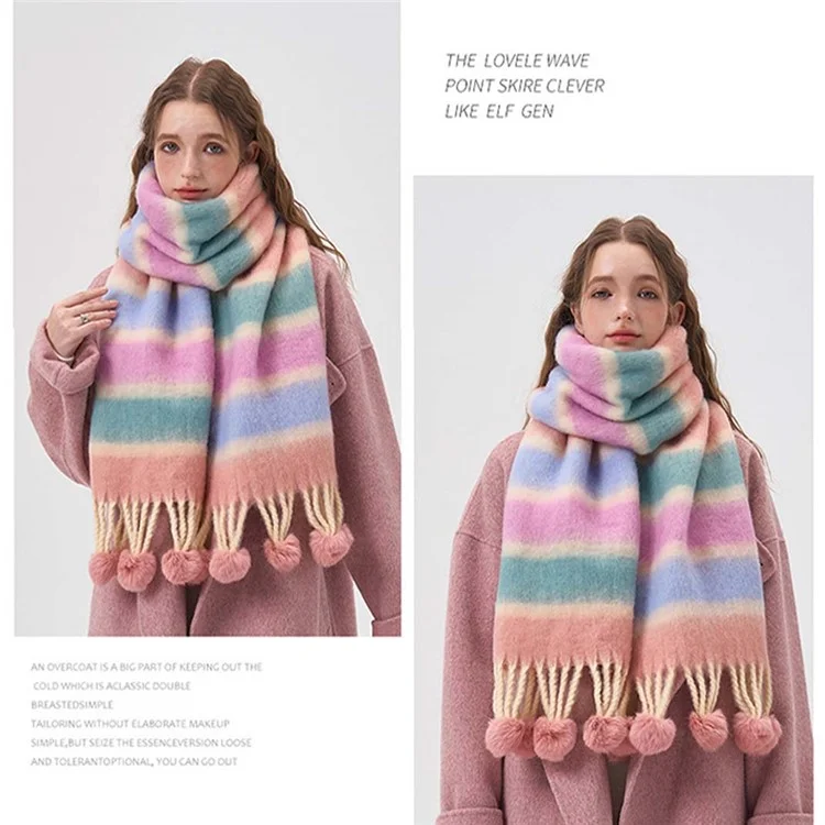 37 x 210cm Women Warm Scarf Colorful Soft Winter Pashmina Cold Weather Shawl Fashion Long Scarf with Pigtail Ball Tassel - Pink / Blue