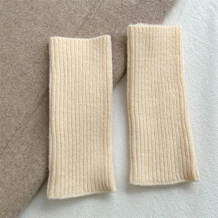 23092 1 Pair Women Knitted Fingerless Gloves with Thumbholes Outdoor Wrist Warmers - White
