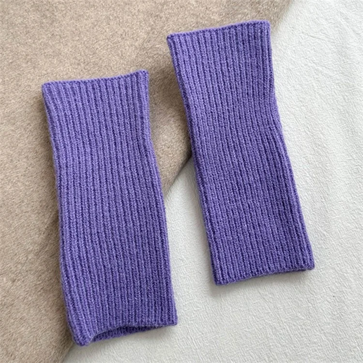 23092 1 Pair Women Knitted Fingerless Gloves with Thumbholes Outdoor Wrist Warmers - Taro Purple