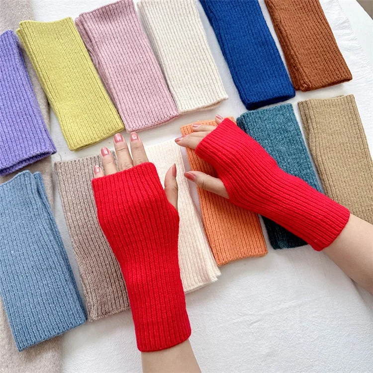 23092 1 Pair Women Knitted Fingerless Gloves with Thumbholes Outdoor Wrist Warmers - Taro Purple