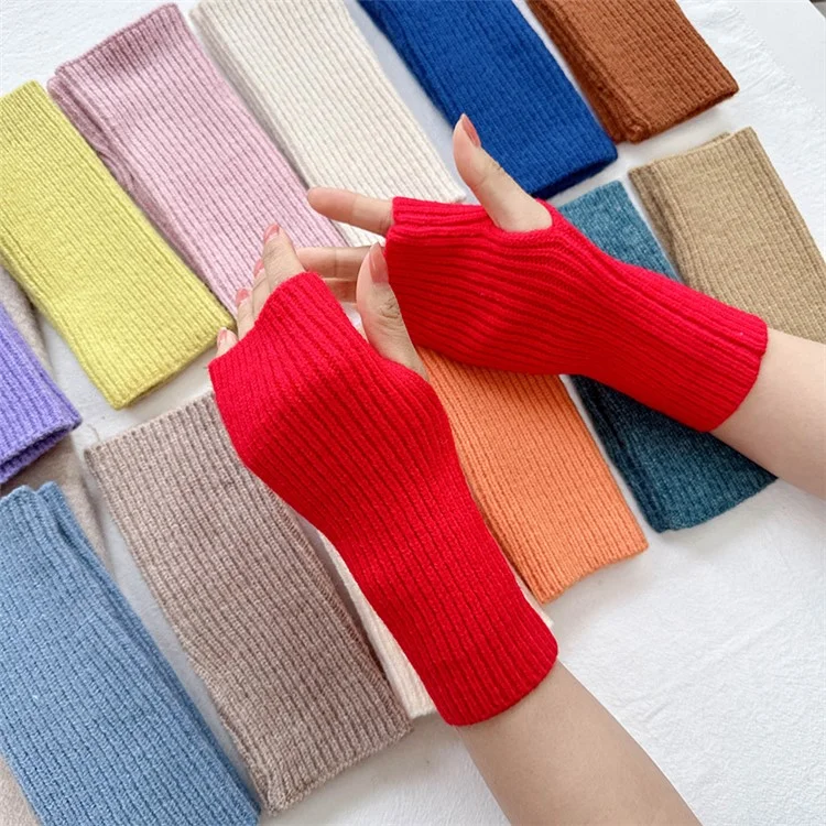 23092 1 Pair Women Knitted Fingerless Gloves with Thumbholes Outdoor Wrist Warmers - Taro Purple