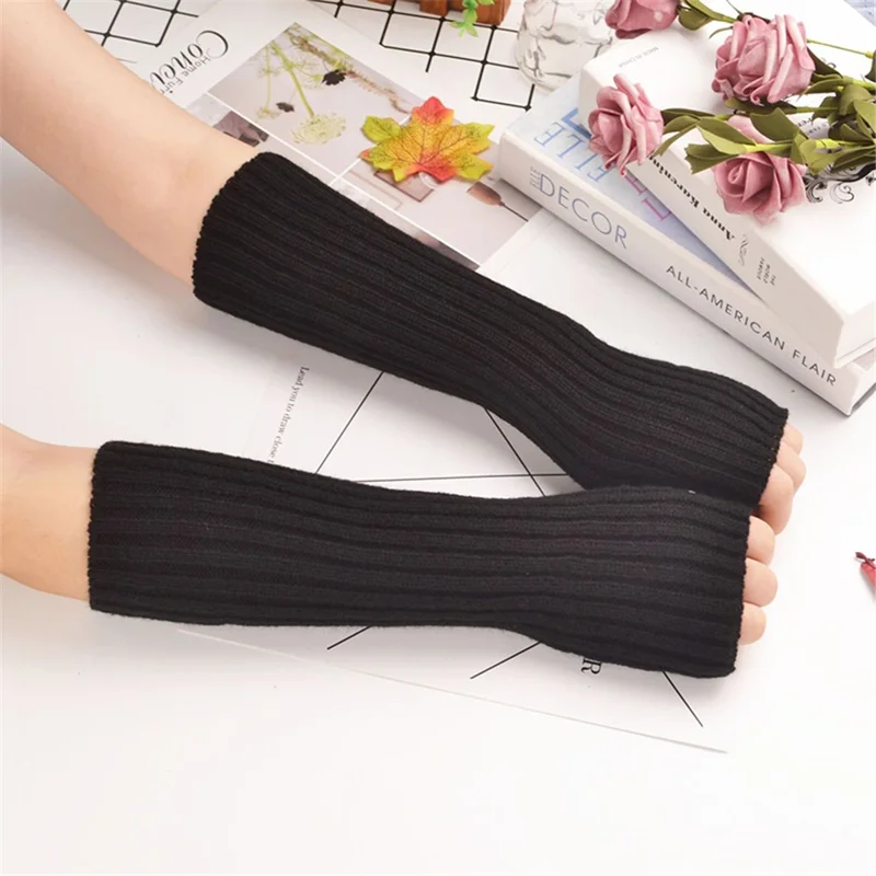 XT-0016 1 Pair 30cm Winter Fingerless Gloves Long Thermal Knitted Mittens Stretchy Arm Warmers - Black