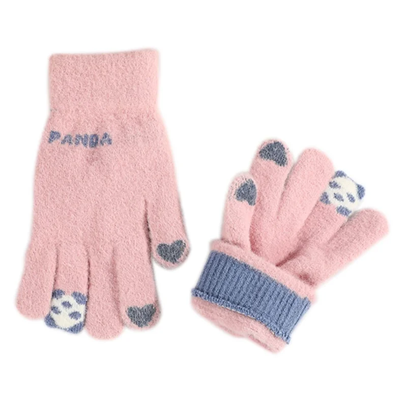 1 Par de Guantes con Diseño de Panda Mono de Dedo Completo Guantes de Invierno Cálidos para Estudiantes - Rosa