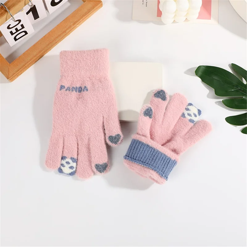 1 Par de Guantes con Diseño de Panda Mono de Dedo Completo Guantes de Invierno Cálidos para Estudiantes - Rosa