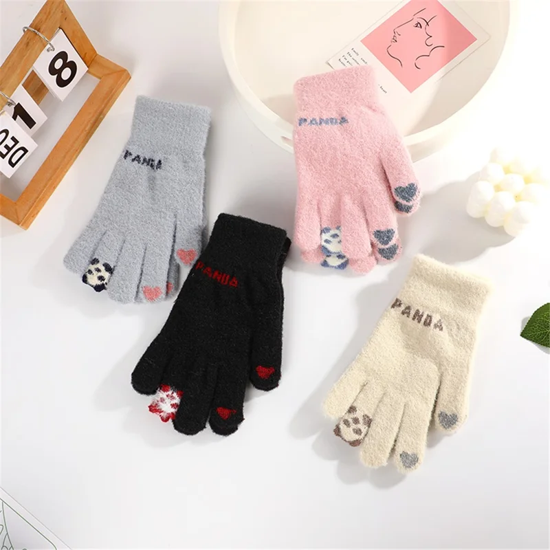 1 Par de Guantes con Diseño de Panda Mono de Dedo Completo Guantes de Invierno Cálidos para Estudiantes - Rosa