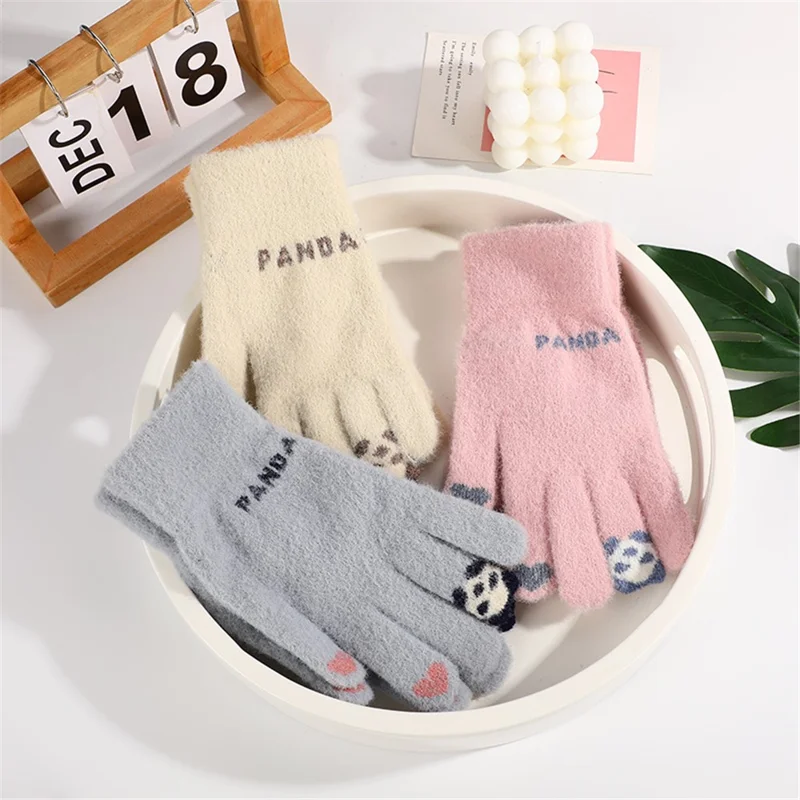 1 Par de Guantes con Diseño de Panda Mono de Dedo Completo Guantes de Invierno Cálidos para Estudiantes - Rosa