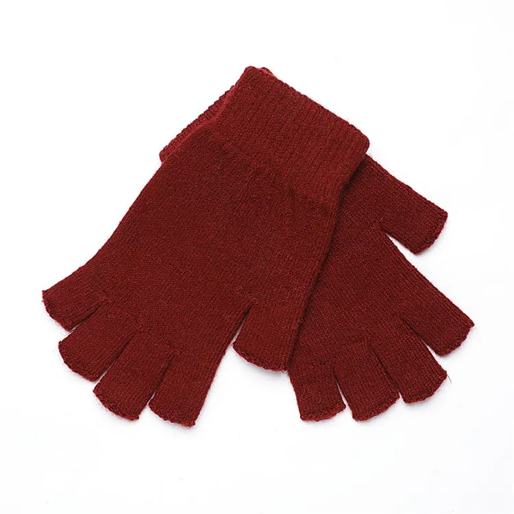 1 Pair Women's Knitted Wool Blend Gloves Thermal Insulation Half-Finger Texting Gloves Winter Hand Warmer - Rust Red