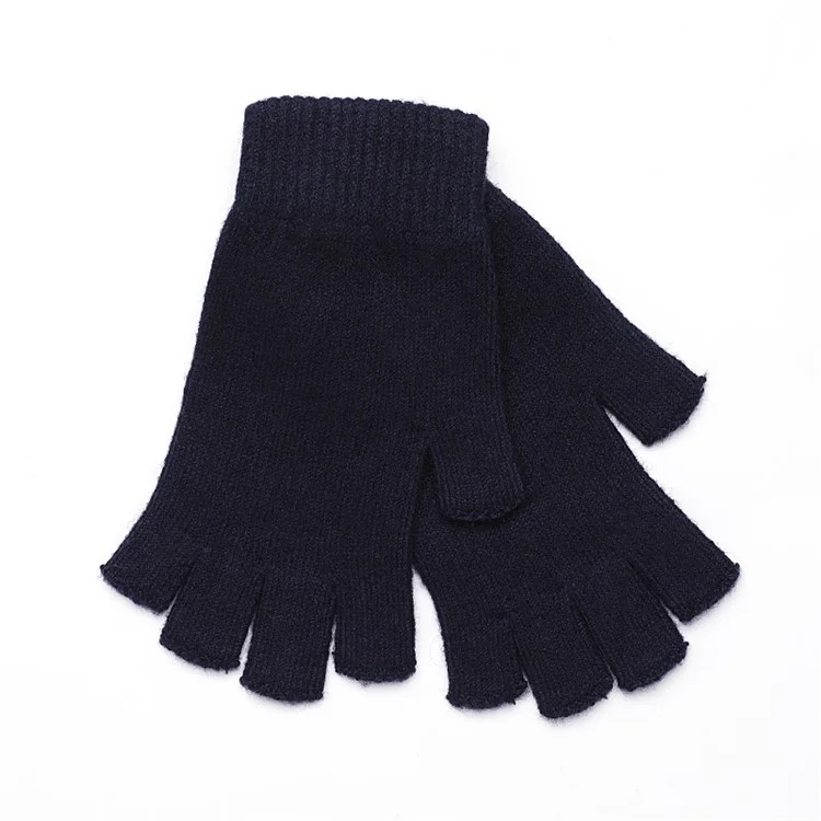 1 Pair Women's Knitted Wool Blend Gloves Thermal Insulation Half-Finger Texting Gloves Winter Hand Warmer - Navy Blue