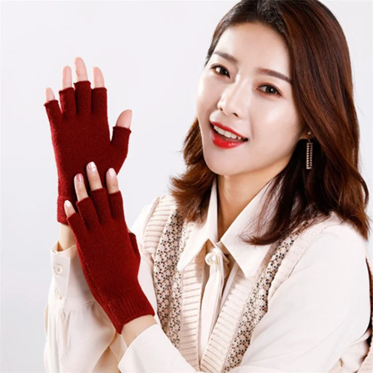 1 Pair Women's Knitted Wool Blend Gloves Thermal Insulation Half-Finger Texting Gloves Winter Hand Warmer - Navy Blue
