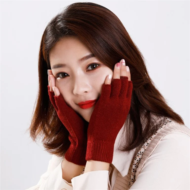 1 Pair Women's Knitted Wool Blend Gloves Thermal Insulation Half-Finger Texting Gloves Winter Hand Warmer - Navy Blue