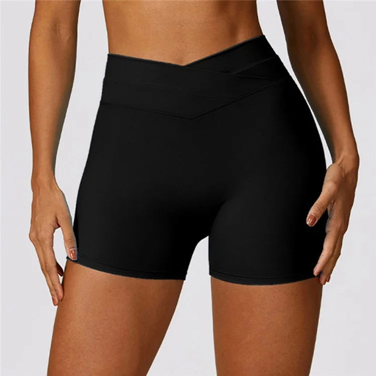 8578 Women's High Waist Tights Shorts Butt Lifting Workout Running Yoga Short Pants - Black / M