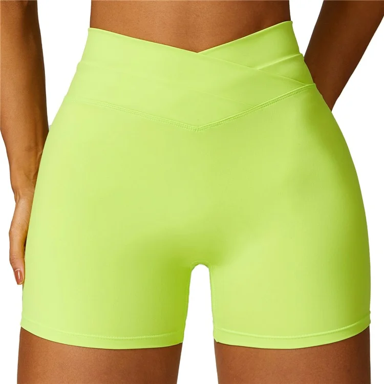 8578 Women's High Waist Tights Shorts Butt Lifting Workout Running Yoga Short Pants - Lime Green / XL