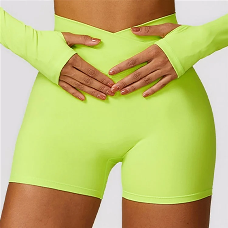 8578 Women's High Waist Tights Shorts Butt Lifting Workout Running Yoga Short Pants - Lime Green / XL