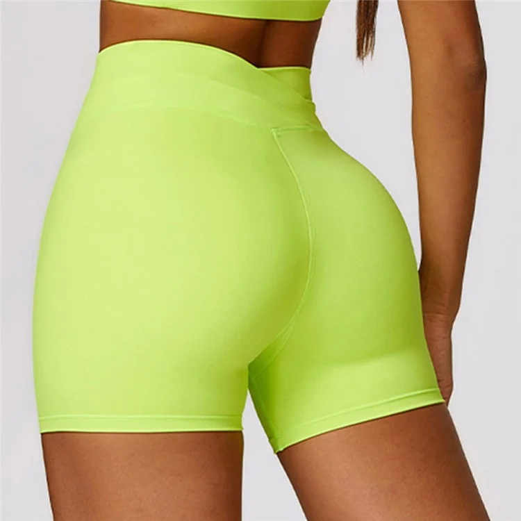 8578 Women's High Waist Tights Shorts Butt Lifting Workout Running Yoga Short Pants - Lime Green / XL
