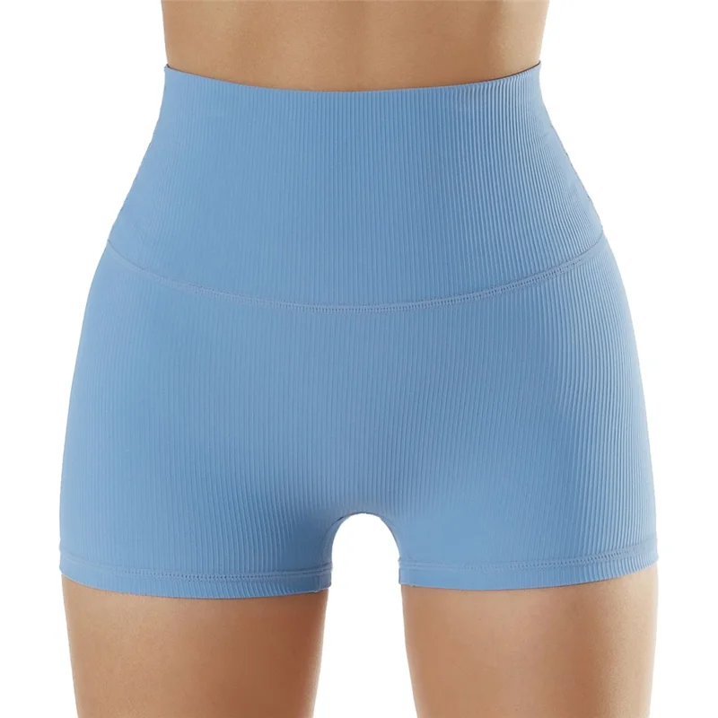 BDK6256 Running High Waisted Shorts Workout Tummy Control Yoga Short Pants - Blue / M