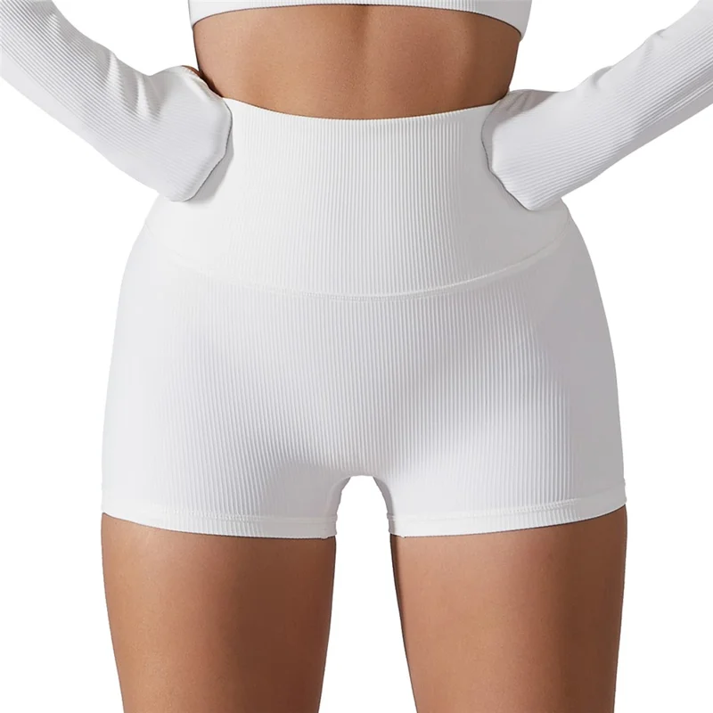 BDK6256 Running High Waisted Shorts Workout Tummy Control Yoga Short Pants - White / M