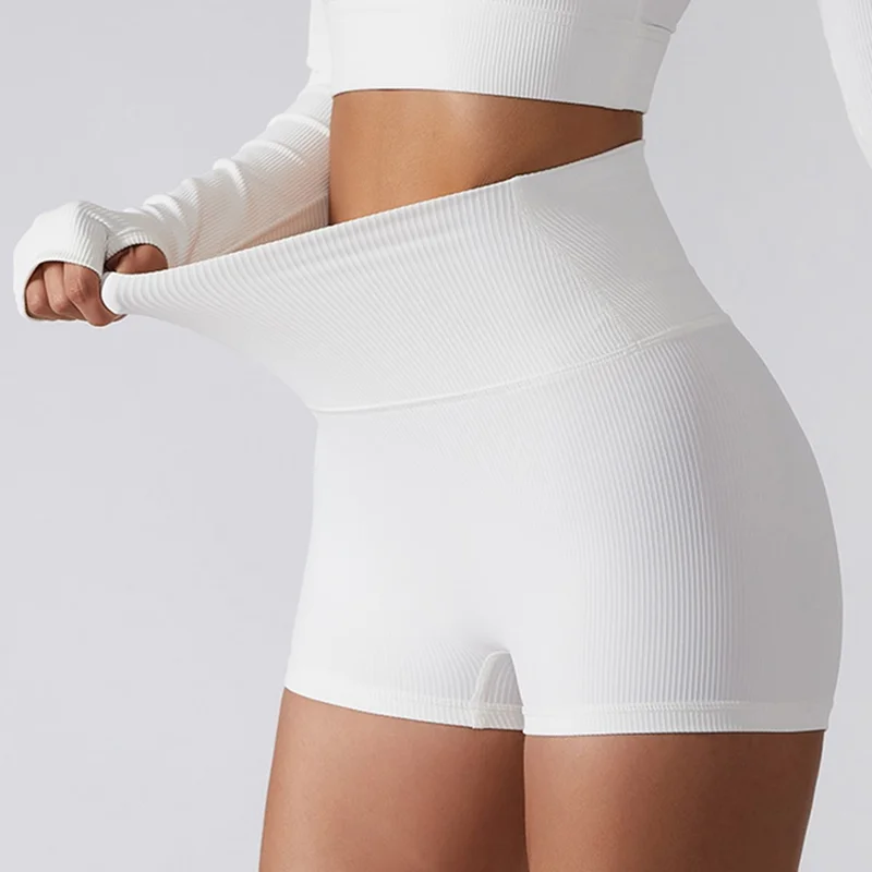 BDK6256 Running High Waisted Shorts Workout Tummy Control Yoga Short Pants - White / M
