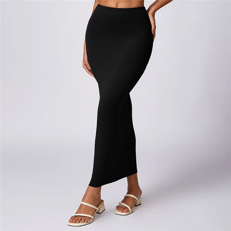 8713 Falda Larga Maxi Slim Stretch Cintura Alta Bodycon Yoga Vestido de Playa Cubrir - Negro / S