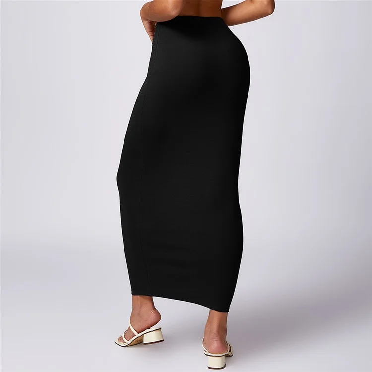 8713 Falda Larga Maxi Slim Stretch Cintura Alta Bodycon Yoga Vestido de Playa Cubrir - Negro / S