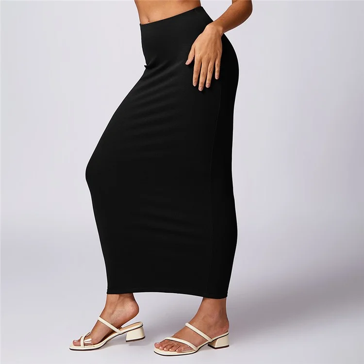 8713 Falda Larga Maxi Slim Stretch Cintura Alta Bodycon Yoga Vestido de Playa Cubrir - Negro / S