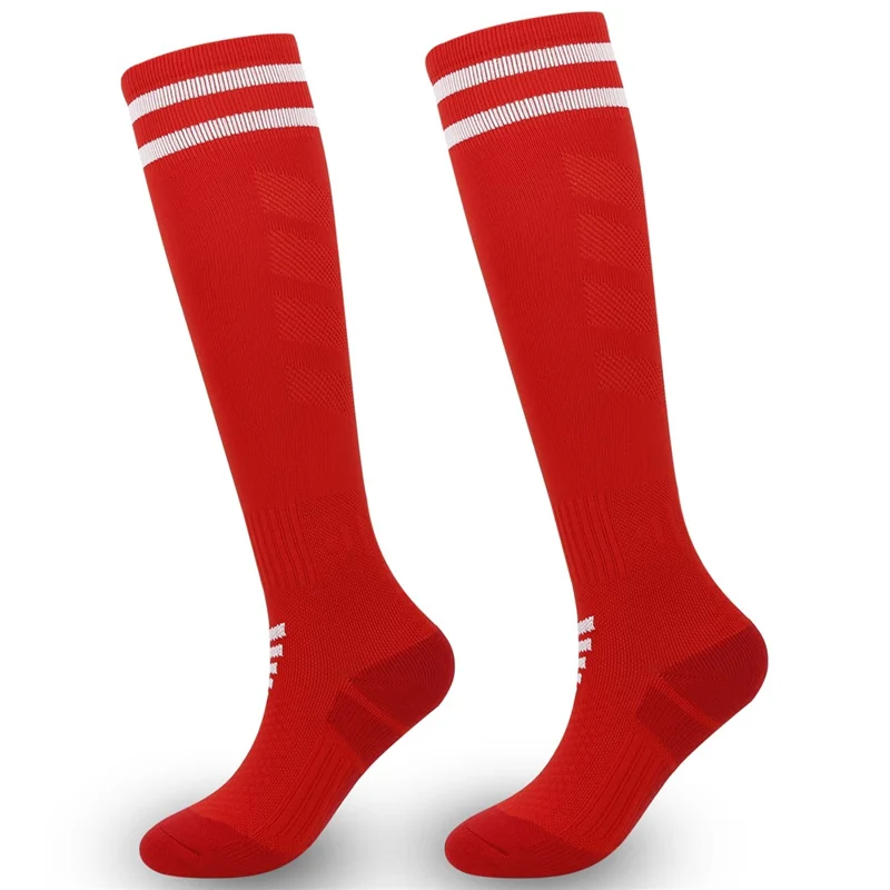 A5139 1 Pair Soccer Socks Striped Design Football High Tube Sports Socks, Size: M - Red / White