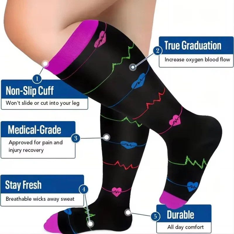 A5141 1 Pair Plus Size Fitness Socks Running Extra Width Socks for Men and Women - Colorful Heart / 2XL