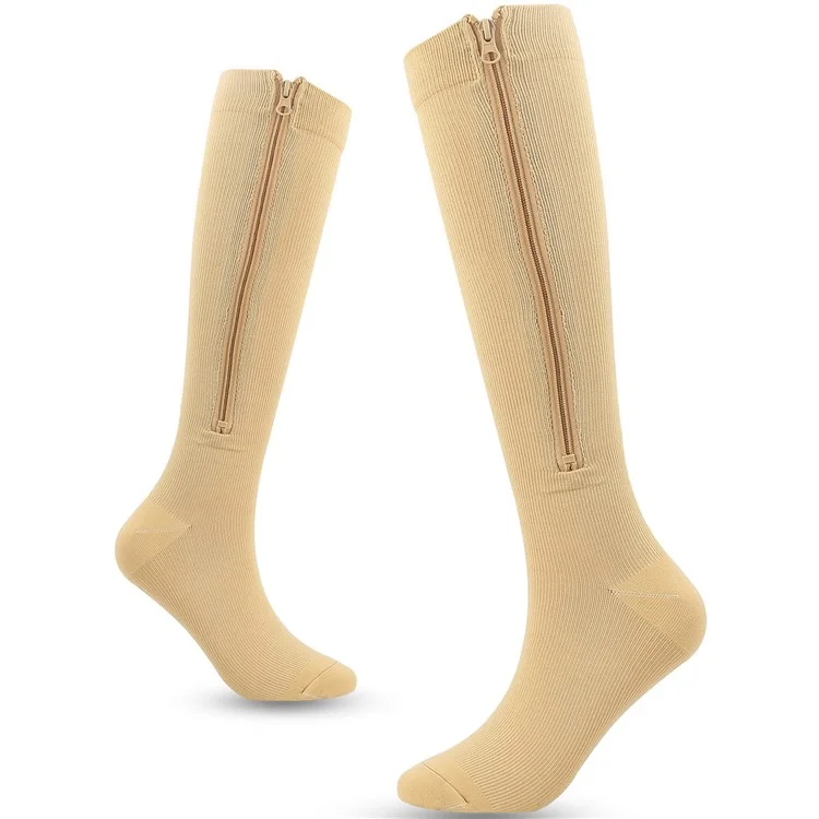 A5115 1 Pair Sports Zipper Compression Socks Calf High Tube Compression Stockings - Skin Color / S / M