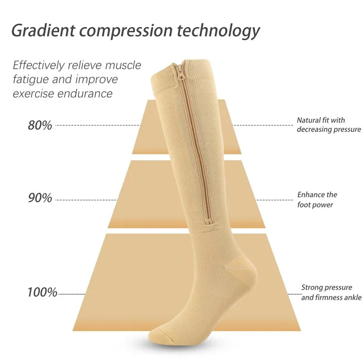 A5115 1 Pair Sports Zipper Compression Socks Calf High Tube Compression Stockings - Skin Color / S / M