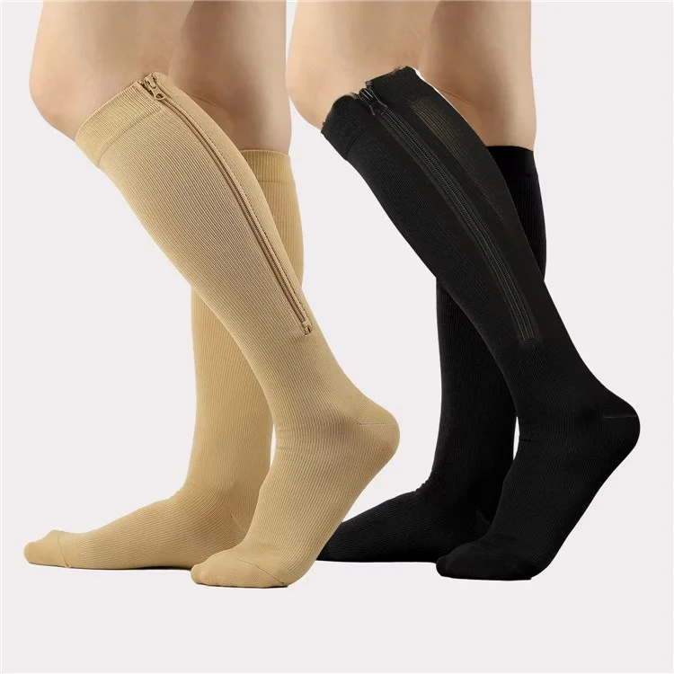 A5115 1 Pair Sports Zipper Compression Socks Calf High Tube Compression Stockings - Skin Color / S / M