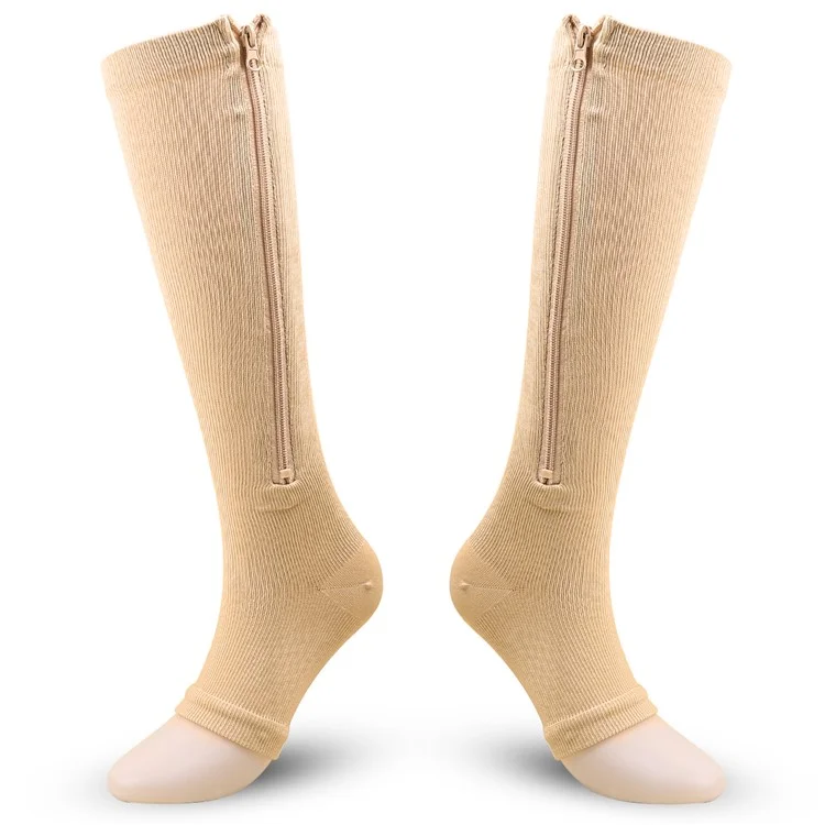 A5109 1 Pair Sports Zipper Compression Socks Calf High Tube Compression Stockings - Skin Color / S / M