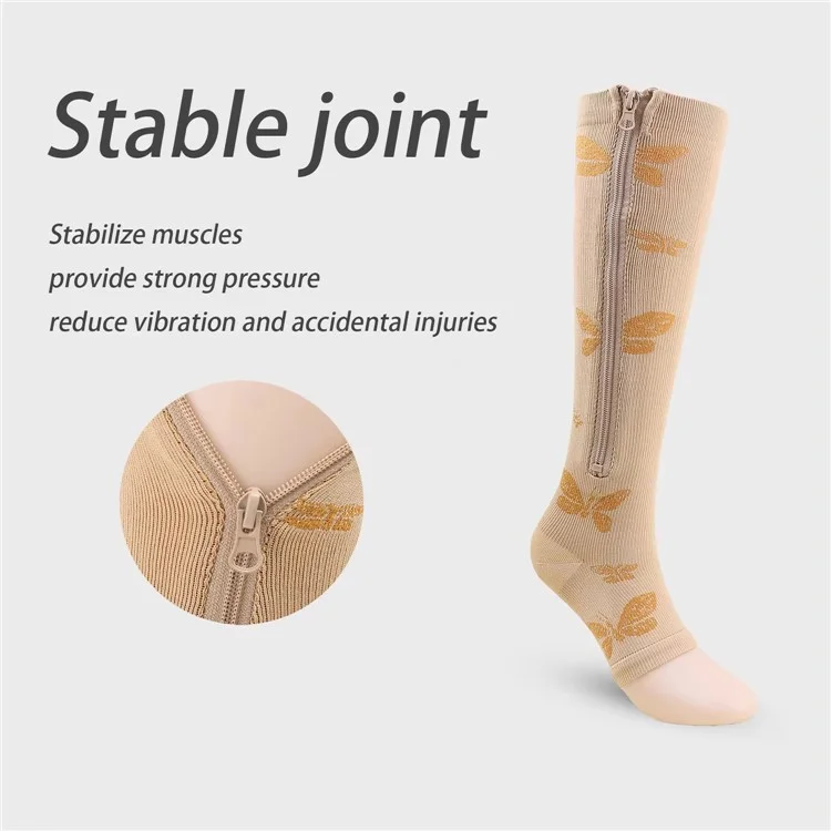 A5109 1 Pair Sports Zipper Compression Socks Calf High Tube Compression Stockings - Skin Color / S / M