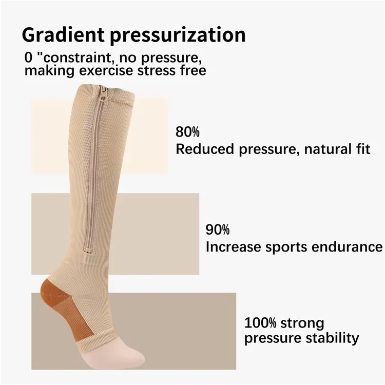 A5109 1 Pair Sports Zipper Compression Socks Calf High Tube Compression Stockings - Skin Color / S / M