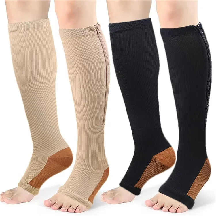 A5109 1 Pair Sports Zipper Compression Socks Calf High Tube Compression Stockings - Skin Color / S / M