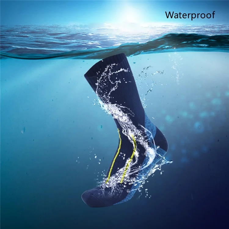 1 Pares de Meias Respiráveis e Impermeáveis, Tubo Médio Unissex, para Caminhada, Pesca e Vadeação, Tamanho: L (43-46) - Azul Marinho+Listras Amarelas