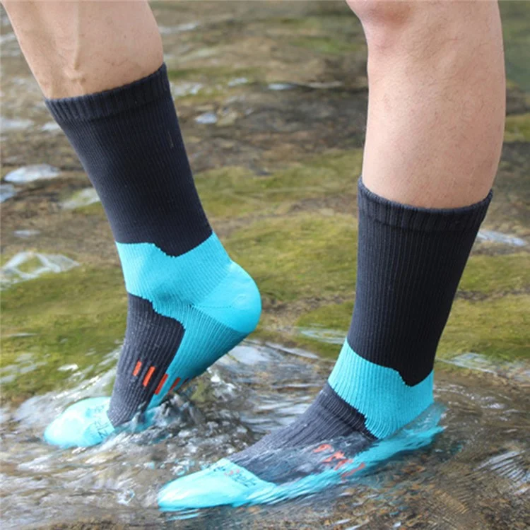 1 Pares de Meias Respiráveis e Impermeáveis, Tubo Médio Unissex, para Caminhada, Pesca e Vadeação, Tamanho: L (43-46) - Azul Marinho+Listras Amarelas