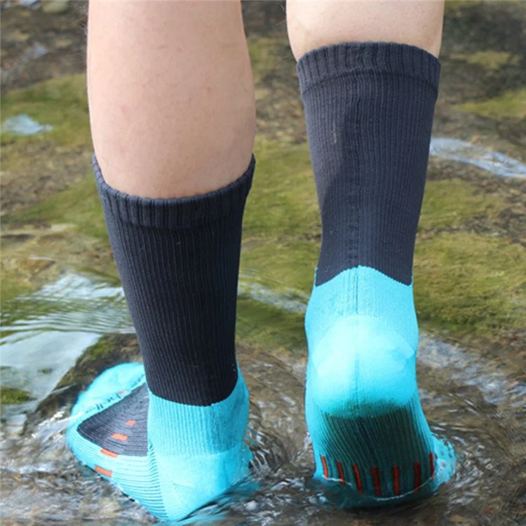 1 Pares de Meias Respiráveis e Impermeáveis, Tubo Médio Unissex, para Caminhada, Pesca e Vadeação, Tamanho: L (43-46) - Azul Marinho+Listras Amarelas