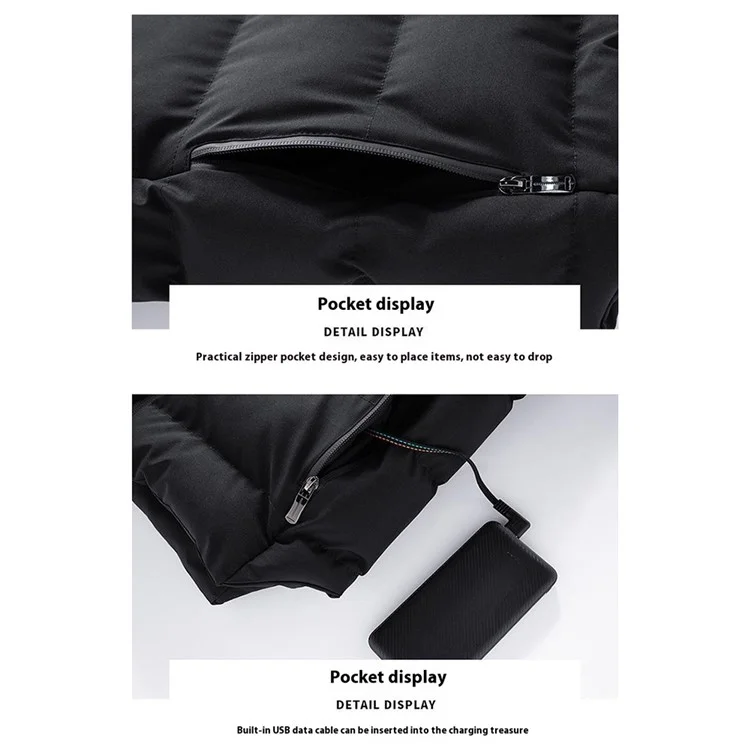 Winter 6 Heating Zones Warm Hooded Jacket 3-Gear Electric Heated Zipper Vest (Without Power Bank) - Black 2XL
