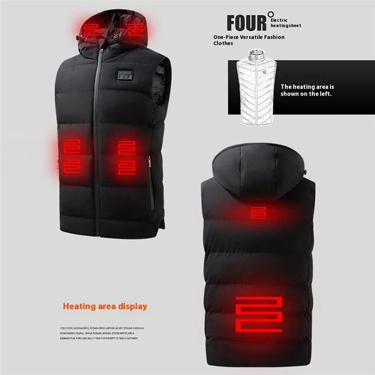 Winter 6 Heating Zones Warm Hooded Jacket 3-Gear Electric Heated Zipper Vest (Without Power Bank) - Black 2XL