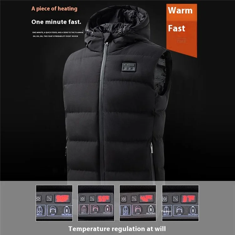 Winter 6 Heating Zones Warm Hooded Jacket 3-Gear Electric Heated Zipper Vest (Without Power Bank) - Black 2XL