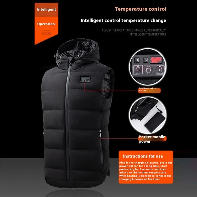 Winter 6 Heating Zones Warm Hooded Jacket 3-Gear Electric Heated Zipper Vest (Without Power Bank) - Black 2XL