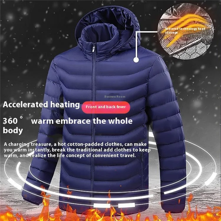 AL681006154866 Men Winter Heating Hooded Jacket Dual Mode 15 Heating Zones Electric Heated Zipper Coat (Without Power Bank) - Black / M