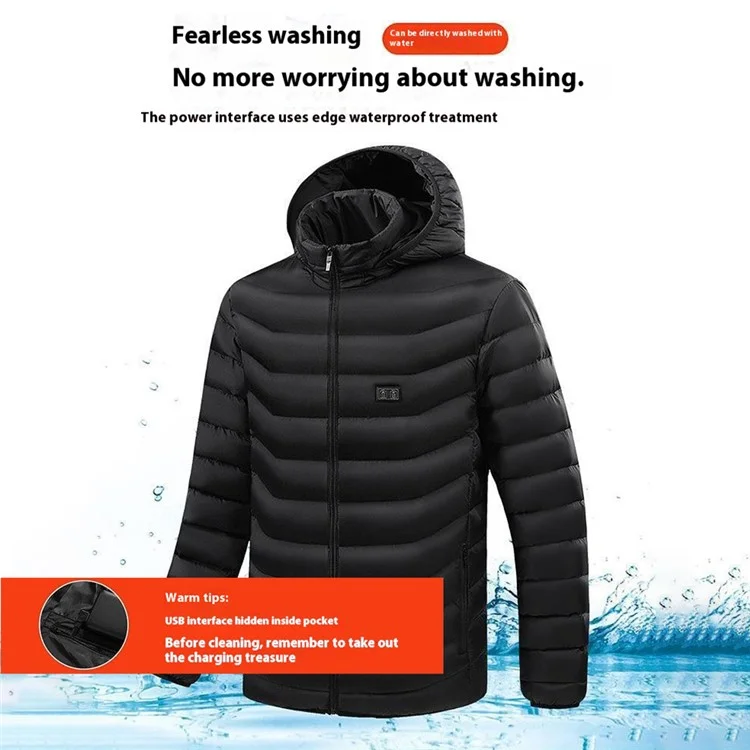 AL681006154866 Men Winter Heating Hooded Jacket Dual Mode 15 Heating Zones Electric Heated Zipper Coat (Without Power Bank) - Black / M
