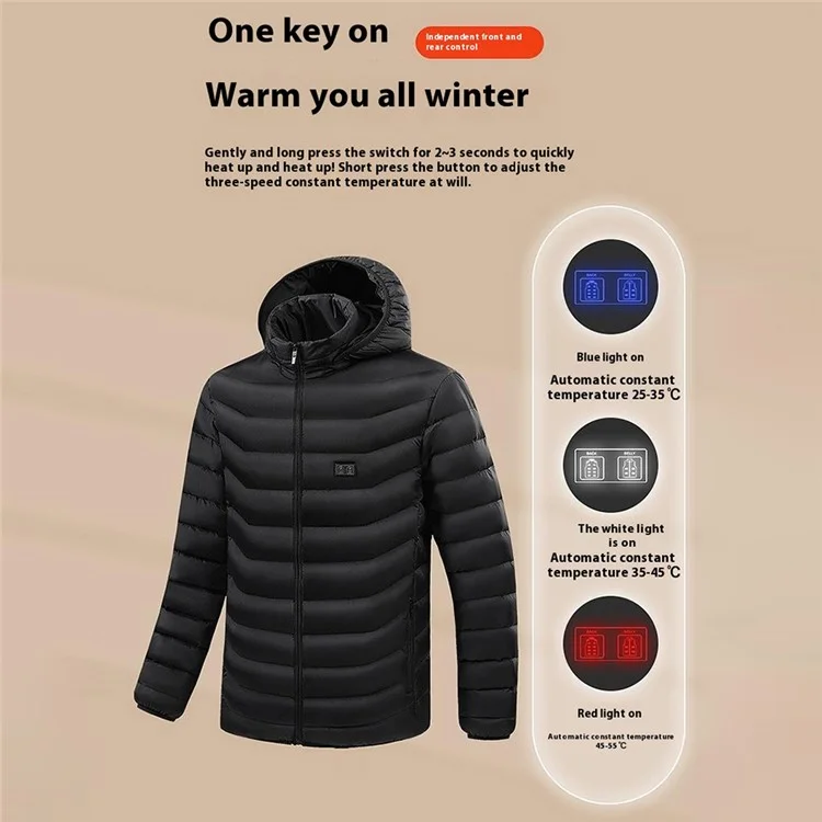 AL681006154866 Men Winter Heating Hooded Jacket Dual Mode 15 Heating Zones Electric Heated Zipper Coat (Without Power Bank) - Black / M