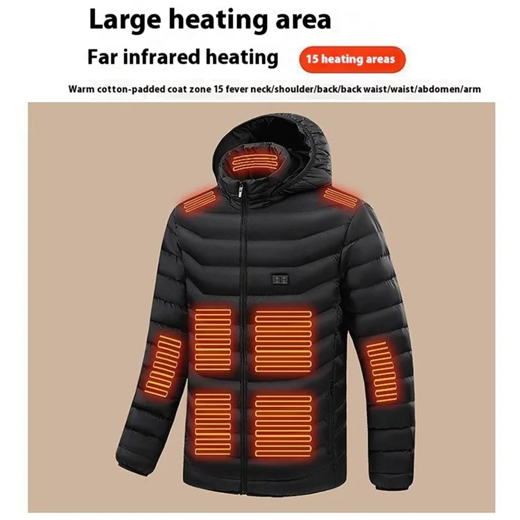 AL681006154866 Men Winter Heating Hooded Jacket Dual Mode 15 Heating Zones Electric Heated Zipper Coat (Without Power Bank) - Black / M