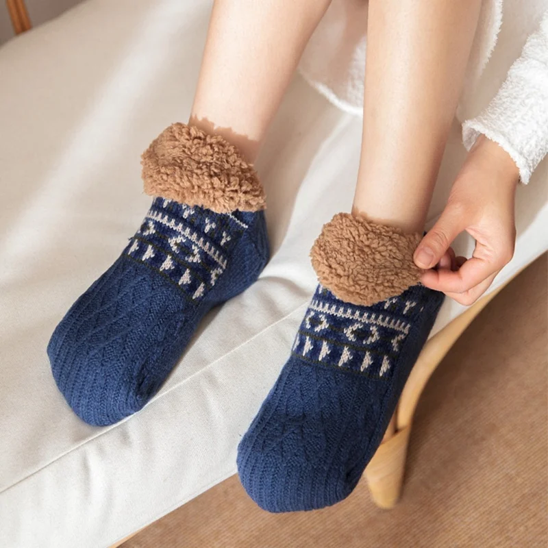 1 paio di calzini jacquard per l'autunno e l'inverno, calzini caldi antiscivolo per pavimenti e neve, calzini pantofola - Blu M