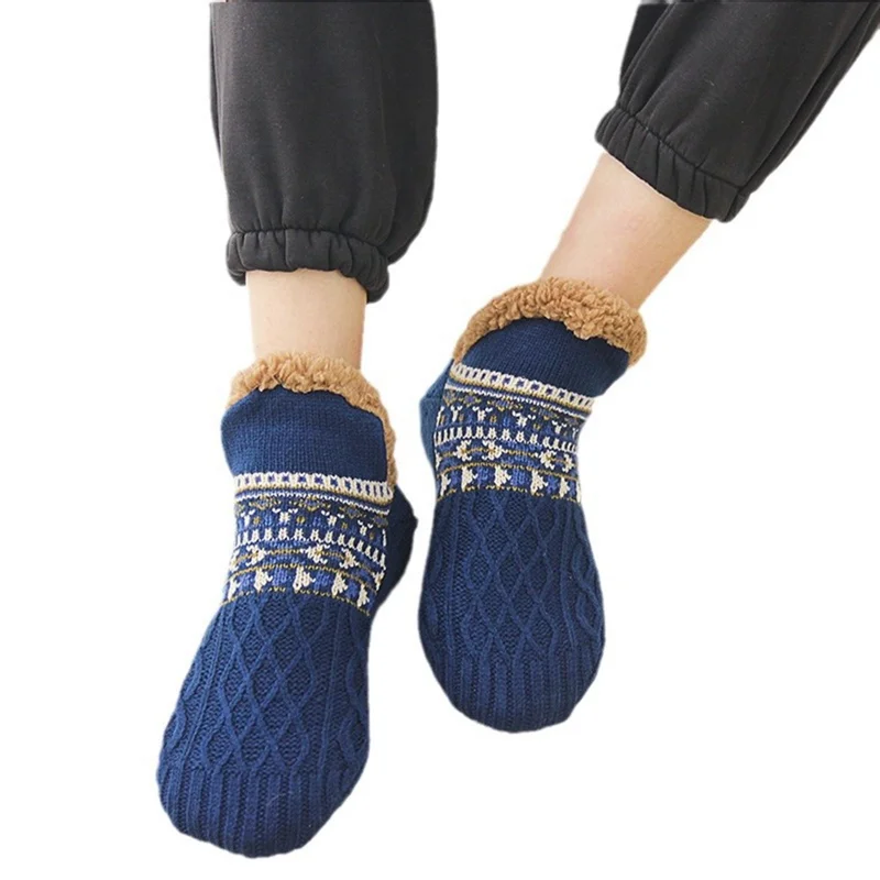 1 paio di calzini jacquard per l'autunno e l'inverno, calzini caldi antiscivolo per pavimenti e neve, calzini pantofola - Blu M
