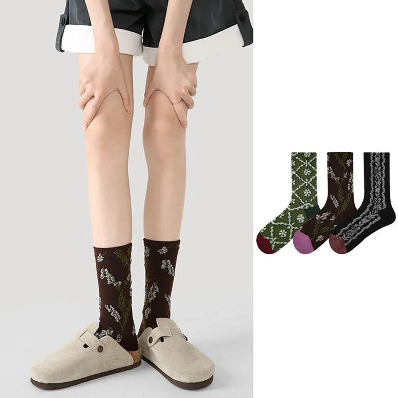 3 Pairs Elastic Cuff Mid Calf Socks for Women One Size Breathable Moisture Wicking Cotton Socks - R9070