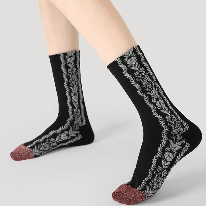 3 Pairs Elastic Cuff Mid Calf Socks for Women One Size Breathable Moisture Wicking Cotton Socks - R9070
