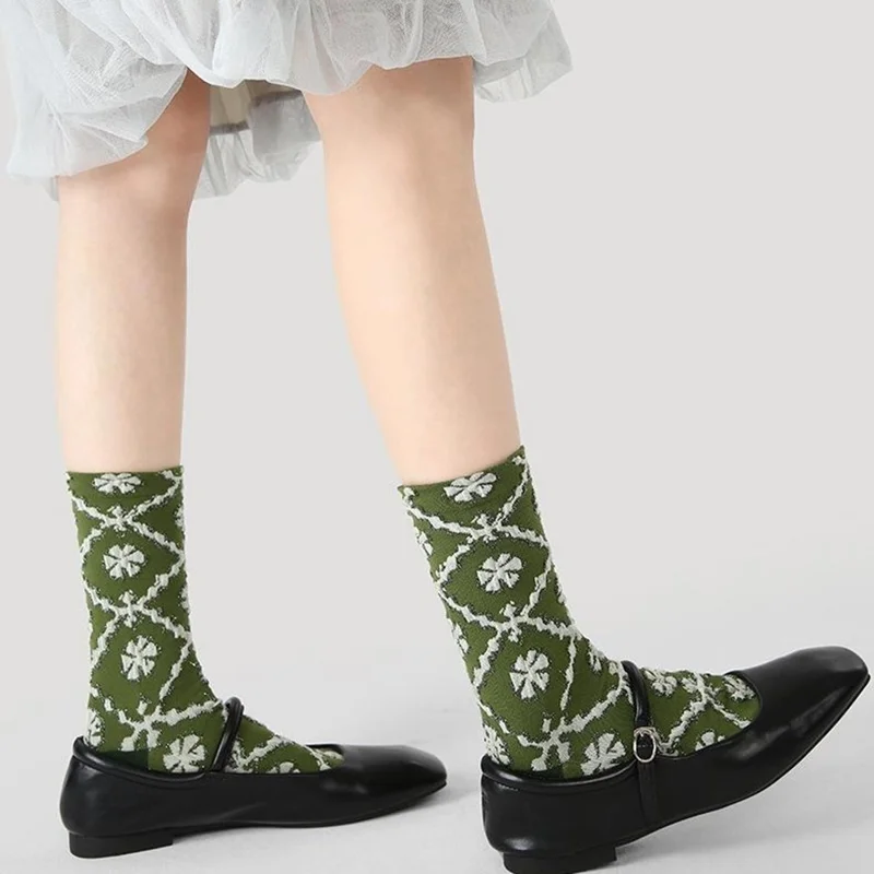 3 Pairs Elastic Cuff Mid Calf Socks for Women One Size Breathable Moisture Wicking Cotton Socks - R9070