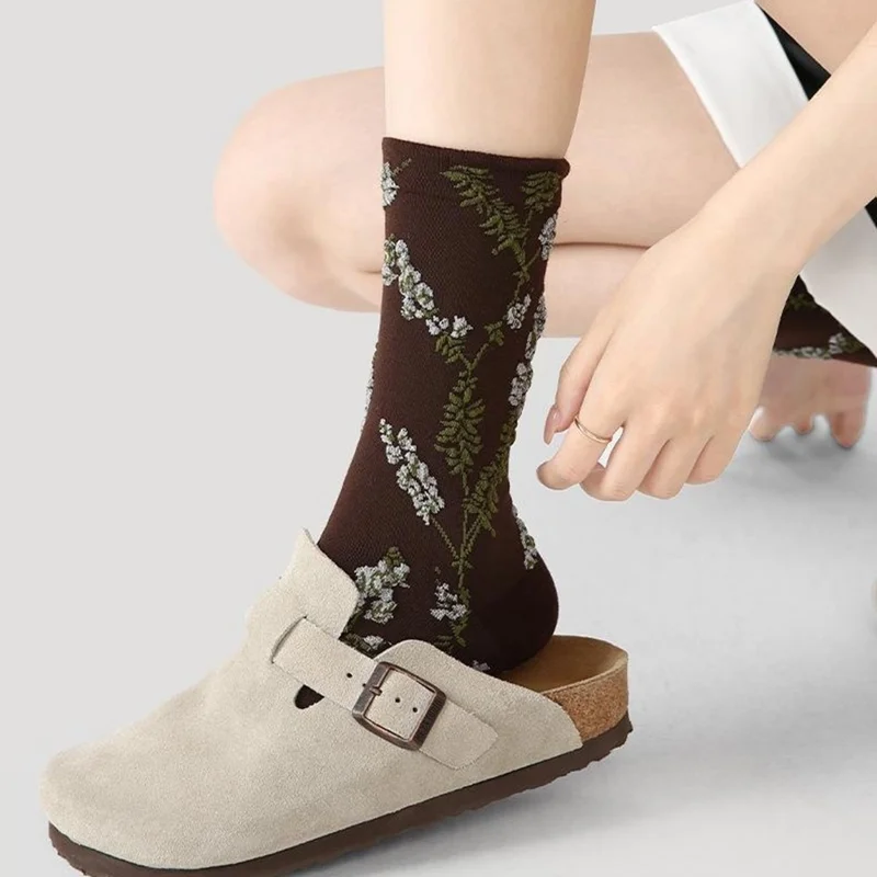 3 Pairs Elastic Cuff Mid Calf Socks for Women One Size Breathable Moisture Wicking Cotton Socks - R9070